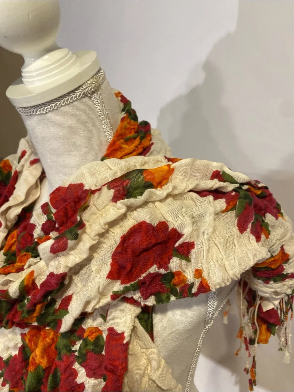 mark. Cream Crinkle Scarf with Red & Orange Floral Print